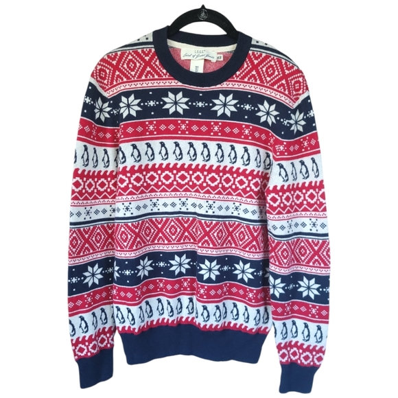 H&M LOGG Sz S Jacquard-Knit Long Sleeve Snowflake Penguin Sweater Red Patterned - Picture 1 of 9